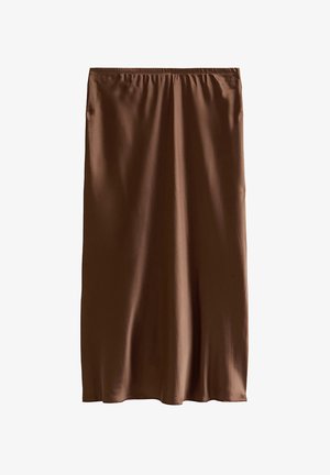 Bruine satijnen midirok met elastische tailleband, gladde textuur en lichte glans.