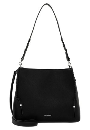 Sac à épaule en cuir noir avec des détails de bandoulière tressée, des ferrures argentées et un petit logo au centre avant.
