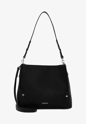 Sac à épaule en cuir noir avec des détails de bandoulière tressée, des ferrures argentées et un petit logo au centre avant.