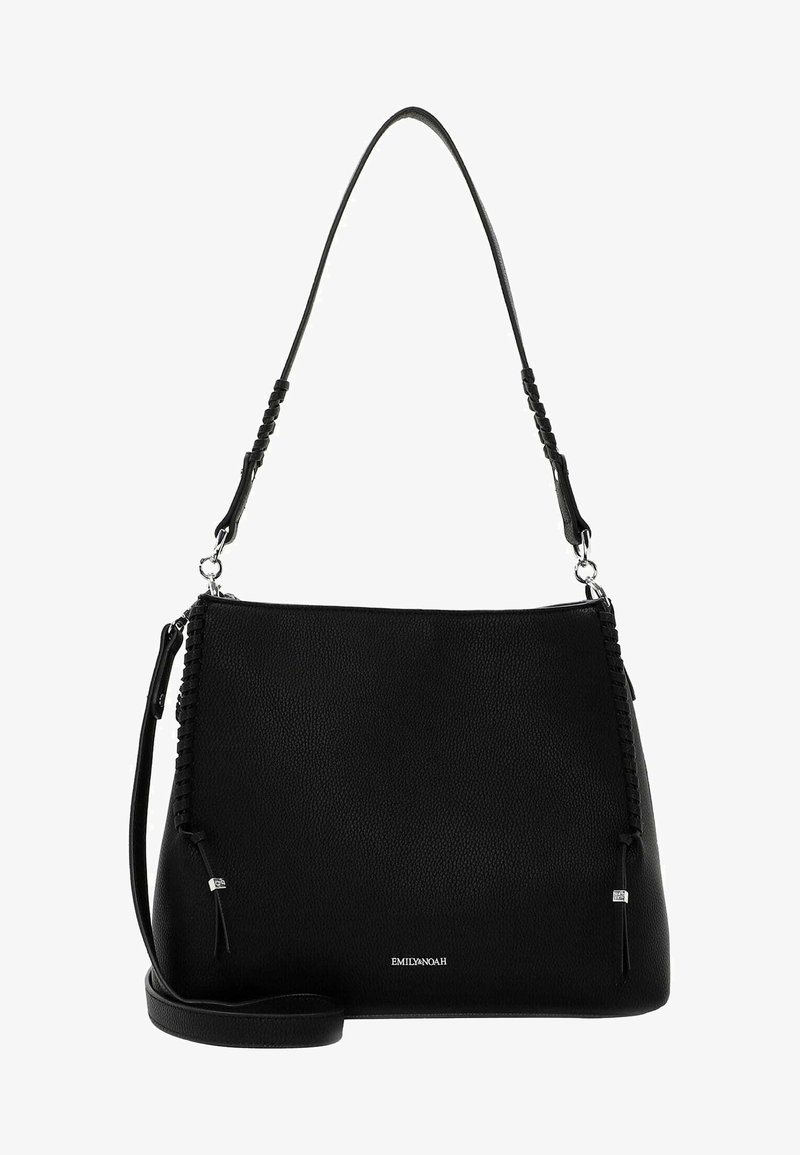 Sac à épaule en cuir noir avec des détails de bandoulière tressée, des ferrures argentées et un petit logo au centre avant.