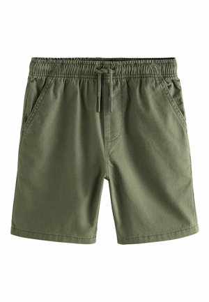 Olivgrüne Shorts mit einem elastischen Bund, verstellbarem Kordelzug, seitlichen Taschen und einer glatten, baumwollähnlichen Textur.