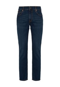 Jeans skinny blu scuro con cuciture arancioni, bottone frontale e design a cinque tasche su sfondo bianco.