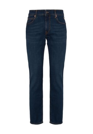 Donkerblauwe slim-fit jeans met oranje stiksels, voorzijde met knoop en vijf-pocket ontwerp op een witte achtergrond.