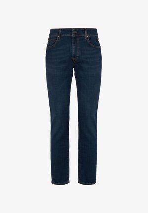 Donkerblauwe slim-fit jeans met oranje stiksels, voorzijde met knoop en vijf-pocket ontwerp op een witte achtergrond.