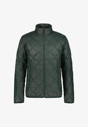 Grüne, gesteppte Jacke mit hohem Kragen, durchgehendem Frontreißverschluss und Diamantmuster. Hergestellt aus leichtem, glänzendem Material.