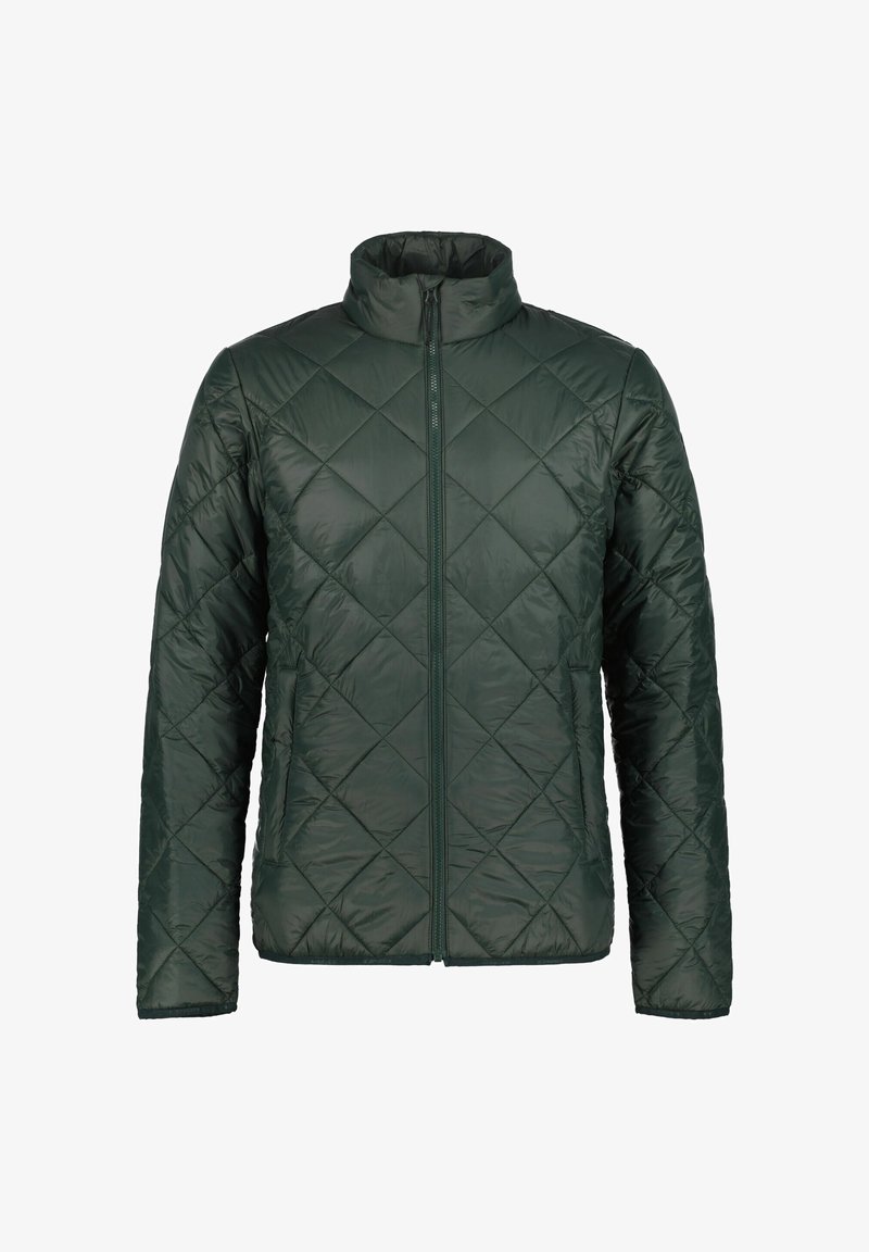 Grüne, gesteppte Jacke mit hohem Kragen, durchgehendem Frontreißverschluss und Diamantmuster. Hergestellt aus leichtem, glänzendem Material.