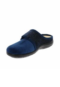 Ciabatta blu navy con superficie in morbido suede, cinturino in tessuto testurizzato, suola nera e interno soffice per il massimo comfort. Il cinturino presenta sottili decorazioni.