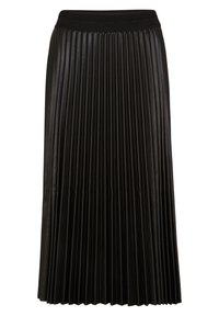 Falda negra plisada con un acabado texturizado, que presenta una amplia cinturilla elástica y rayas verticales en toda la tela.