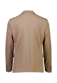 Blazer beige con una vestibilità su misura, caratterizzato da rever a lancia, due tasche laterali e polsini con bottoni. Tessuto liscio con una leggera lucentezza.