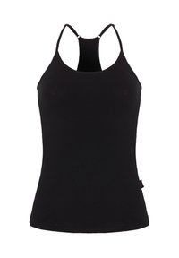 Zwarte, getailleerde tanktop van zacht, rekbaar materiaal. Heeft dunne bandjes en een ronde halslijn met een naadloze afwerking.