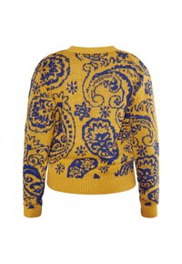 Stickad tröja i senapsgul med ett blått paisleymönster, ribbade mudd och nederkant, rund halsringning, medelvikt textur.