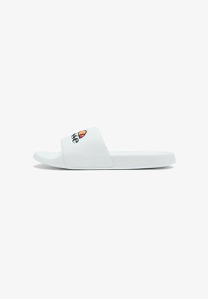 White slide sandal with thick strap featuring a multicolor Ellesse logo, flat sole with embossed brand name on the side.