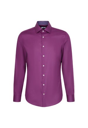 Camicia a maniche lunghe di colore viola, con colletto a punta e bottoni bianchi, fodera del colletto decorata con piccoli cerchi.