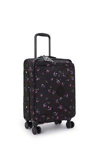 Black wheeled suitcase with floral pattern, durable fabric, telescopic handle, and four spinner wheels for easy maneuverability.