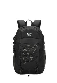 Zaino in nylon nero con superficie testurizzata, caratterizzato da un design con corda bungee sul davanti, spallacci regolabili, molteplici tasche e dettagli del logo in bianco.