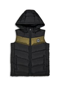 Gilet imbottito nero senza maniche con cappuccio, caratterizzato da un pannello orizzontale verde oliva e un logo a patch sul petto. Finitura testurizzata e trapuntata.