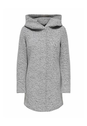 Manteau en laine texturé gris clair avec des manches longues et une large capuche, conçu pour les femmes, présenté sur un fond blanc.