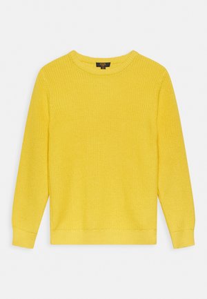 Pull en maille jaune à manches longues avec encolure ronde et bord-côtes aux poignets et à l'ourlet, présenté à plat sur fond blanc.