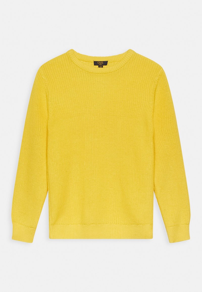 Pull en maille jaune à manches longues avec encolure ronde et bord-côtes aux poignets et à l'ourlet, présenté à plat sur fond blanc.