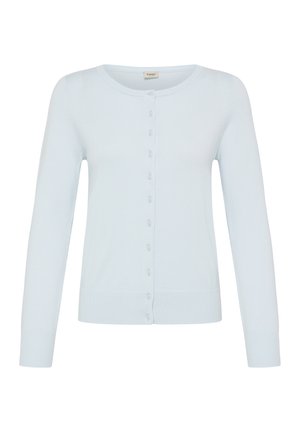 Cardigan bleu deschis cu mâneci lungi, nasturi, decolteu rotund și manșete și tiv striate, afișat pe fundal alb.