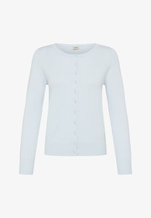 Hele sinine pikakäistega nööpidega kardigan ümara kaeluse ja soonikkoes varrukate ja äärega, esitletud valgel taustal.