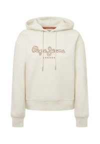 Sudadera color crema hecha de un tejido suave, con un logo delantero en marrón, capucha con cordón ajustable y puños y dobladillo acanalados.