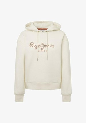 Sweat à capuche couleur crème en tissu doux, avec un logo sur le devant en marron, cordon de serrage à la capuche et poignets et ourlet côtelés.