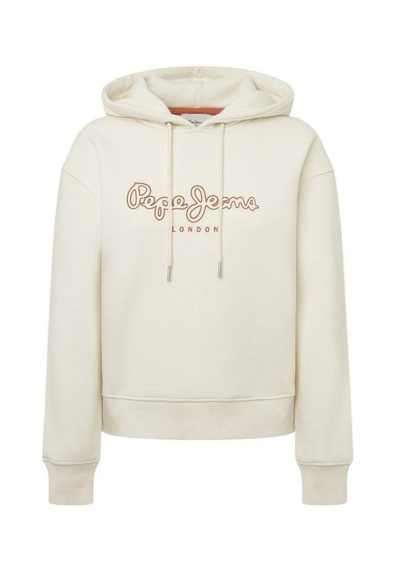 Sudadera color crema hecha de un tejido suave, con un logo delantero en marrón, capucha con cordón ajustable y puños y dobladillo acanalados.
