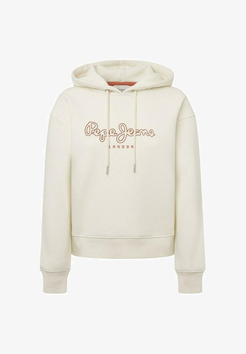 Sudadera color crema hecha de un tejido suave, con un logo delantero en marrón, capucha con cordón ajustable y puños y dobladillo acanalados.