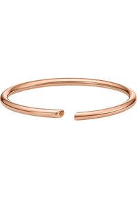 Rose gold cuff bracelet with a smooth, polished surface, featuring an open design and rounded ends without additional embellishments.