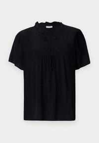 Schwarze Bluse mit kurzen Ärmeln, strukturierter Stoff mit kleinen Punktmustern, rundem Ausschnitt mit Rüsche und einer vorderen Bindeschnur.