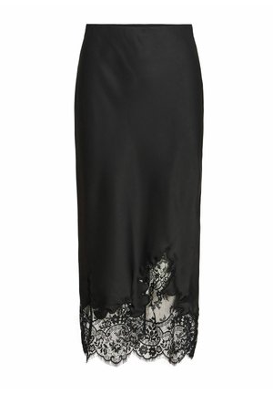 Mustast satiinist midi-seelik, millel on asümmeetriline lillelise pitsi serva detail ja lainelised ääred.