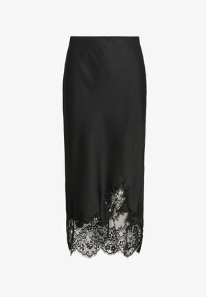 Mustast satiinist midi-seelik, millel on asümmeetriline lillelise pitsi serva detail ja lainelised ääred.