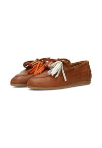 Braune Mokassins aus Leder mit bunten Fransen in Orange, Beige und Rot, runder Zehenform und Gummisohle.