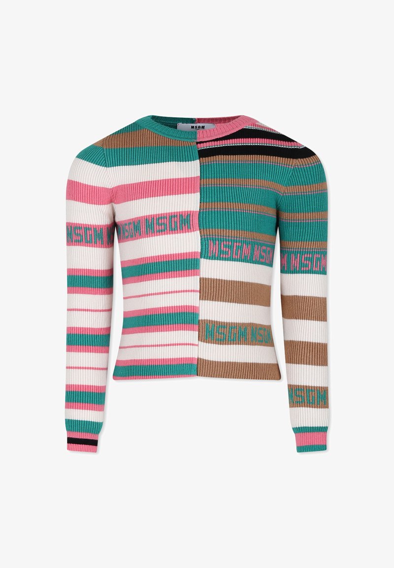 Cardigan a coste con strisce multicolore in rosa, teal, nero e marrone. Include accenti del logo e un collo rotondo.