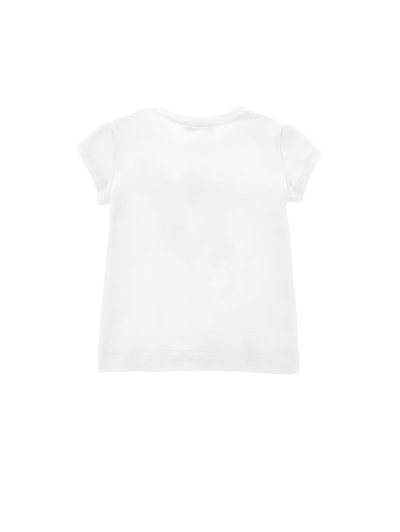 T-shirt bianco in cotone con maniche corte e scollatura rotonda. Texture liscia, design semplice e senza loghi o modelli visibili.