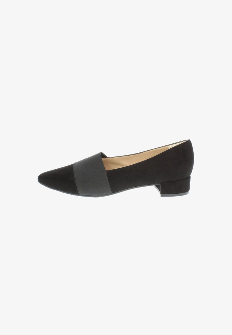 Black suede low-heeled pumps with a pointed toe, featuring a contrasting gray elastic band over the vamp and a textured upper.