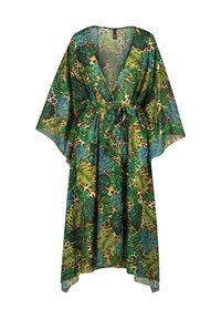 Lekki zielony kimono z liściastym wzorem i akcentami w panterkę; posiada dekolt w serek, szerokie rękawy oraz pasek do samodzielnego zawiązania.