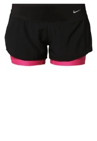 Shorts de sport Nike pour femmes noirs et roses avec un design à double couche et un petit logo Nike blanc sur la taille.