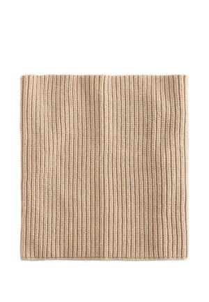 Beige knitted ribbed square fabric piece with vertical textured lines, displayed flat on a white background.