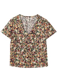 Blouse à manches courtes à imprimé floral avec un col en V, motifs floraux multicolores sur un fond foncé, coupe décontractée et tissu doux.
