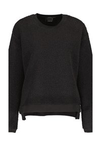 Pullover in pile nero a maniche lunghe con collo rotondo e orlo e polsini a coste, realizzato in tessuto riccio morbido e testurizzato.