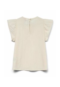 Top beige chiaro con maniche corte a volant. Presenta una chiusura con bottone sul retro e cuciture delicate lungo i bordi delle maniche. Tessuto morbido.