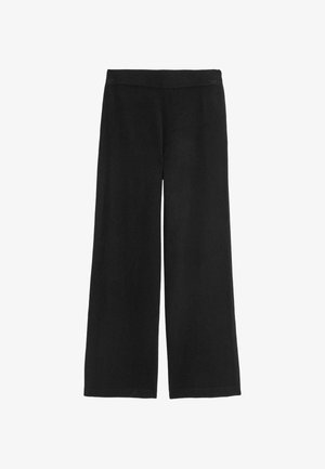 Pantalones anchos negros confeccionados en una tela suave, con una cinturilla elástica acanalada y sin patrones o acentos discernibles.