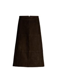 Bruine suède A-lijn rok met een hoge taille, ritssluiting aan de voorkant en een naadloos paneelontwerp voor extra textuur en visuele interesse.