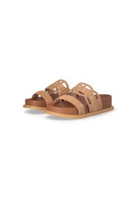 Tan suede slide sandals with open toe, featuring cut-out strap design, cushioned brown insole, and rubber outsole.
