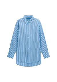 Camicia a righe blu e bianche, con bottoni, maniche lunghe, colletto, vestibilità rilassata, orlo curvo, caratterizzata da una morbida trama del tessuto.