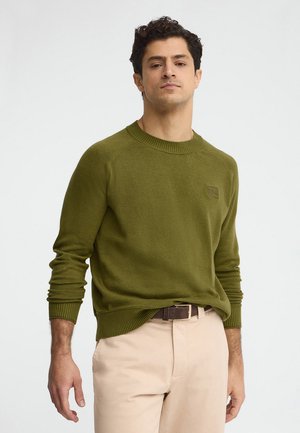 Uomo che indossa un maglione verde oliva e pantaloni beige, in piedi davanti a uno sfondo chiaro e uniforme.
