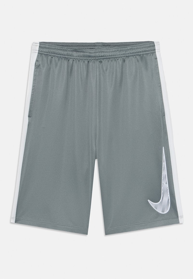 Šedé športové šortky vyrobené z ľahkého materiálu, so zabudovaným bielym bočným panelom a veľkým bielym logom Nike na ľavom stehne. Obsahujú elastický pás.