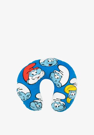 Cuscino da viaggio blu a forma di U con personaggi cartoon dei Puffi su una superficie in tessuto morbido, caratterizzato da espressioni facciali varie e un design vivace.